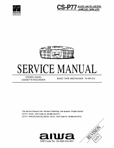 Aiwa CS-P77 Service Manual Stereo Cassette Recorder - Tape mech. TN-9R-215 - (3.807Kb) 2 Part File - pag. 20